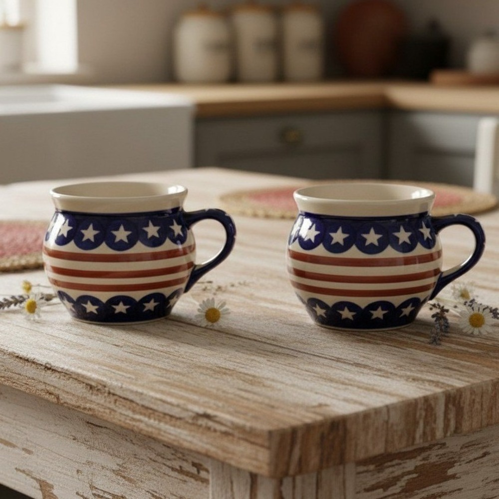 Boleslawiec Polish Pottery Stars & Stripes Bubble Mug Coffee Cups 12oz Poland